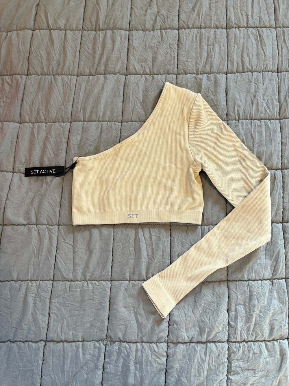 SET Active Ribbed One-Shoulder Crop Top - Beige